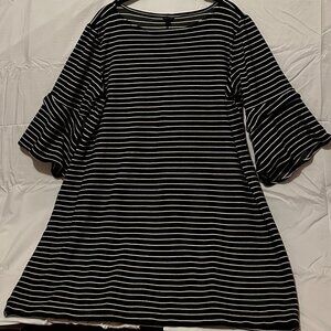 Ann Taylor Navy Blue and White Striped Mini Dress Boat Neck Trumpet Sleeves 16